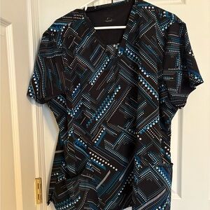 Black and Blue Geometric Print Scrub Top